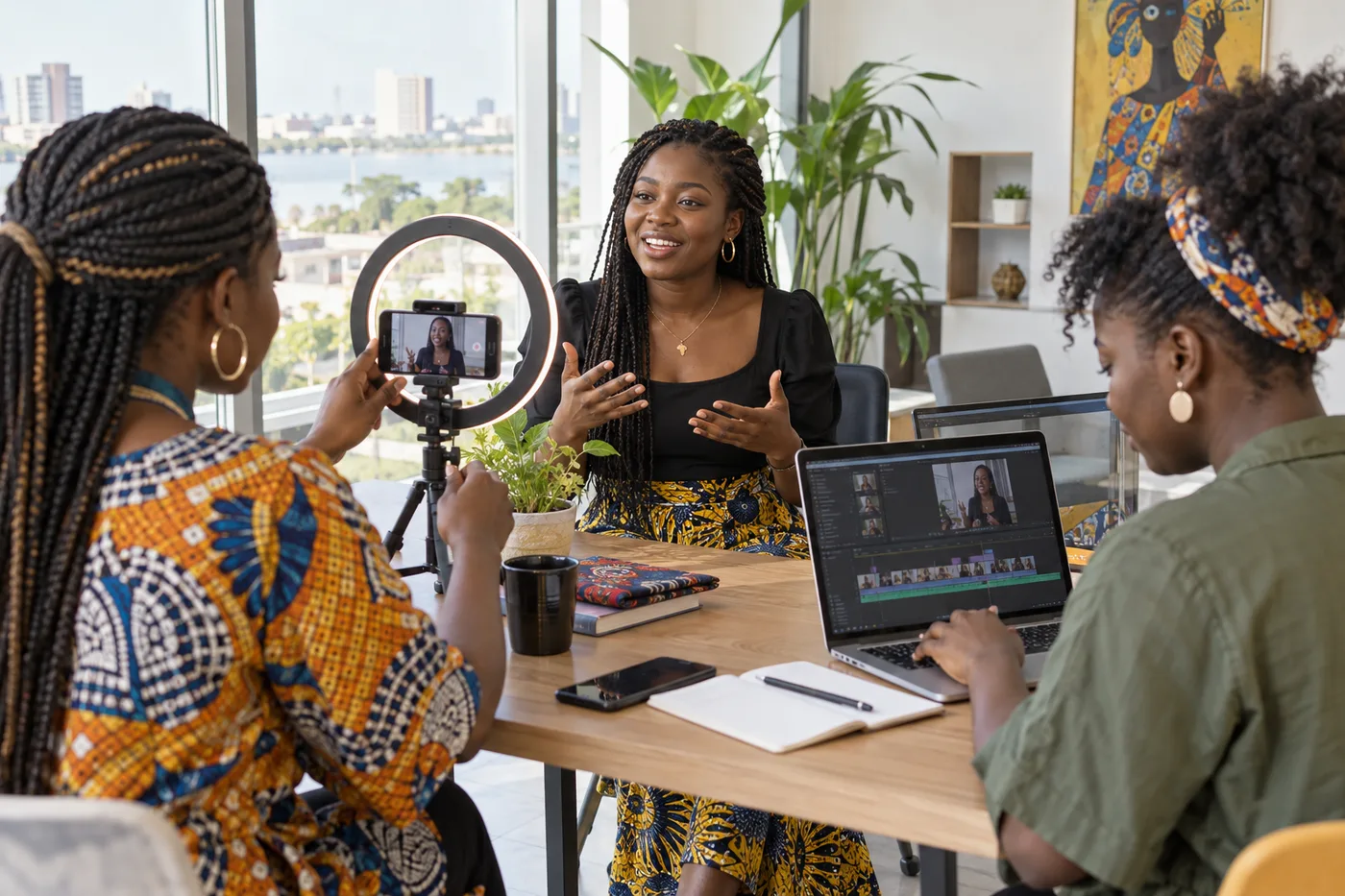 Trois jeunes femmes filment et montent une vidéo ensemble