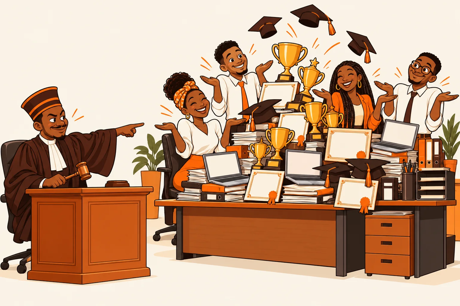 Dessin humoristique : un juge accuse en souriant l’équipe de la fondation de trop bien faire, devant un bureau couvert de trophées et de diplômes